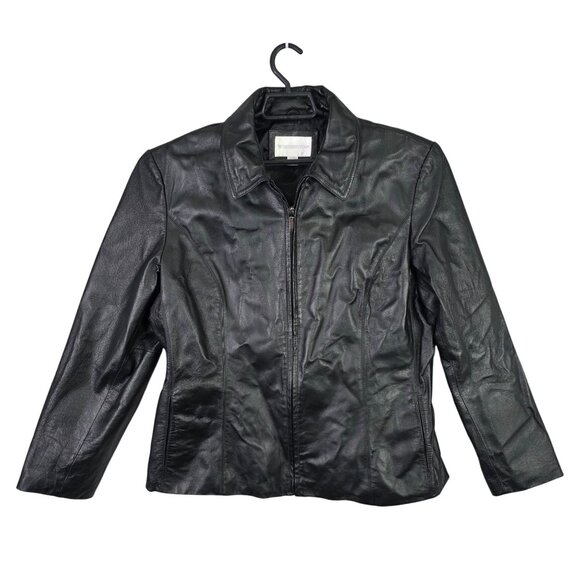 Womens Worthington Black Leather Jacket Full Zip Front & Tailored Fit Size M - Picture 1 of 6